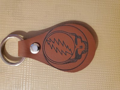 Laser engraved leather keychains.